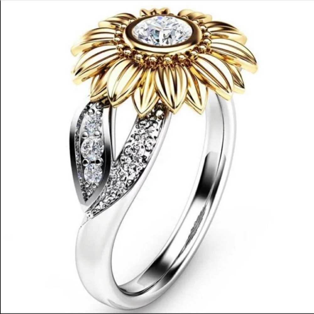 New Women’s 925 Silver Gold Plated Round Flower Ring